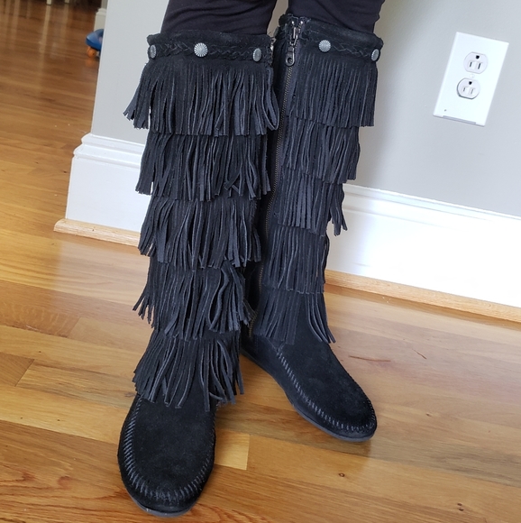 Minnetonka Fringe Tall Moccasin Boots Knee-high genuine leather - Picture 3 of 6